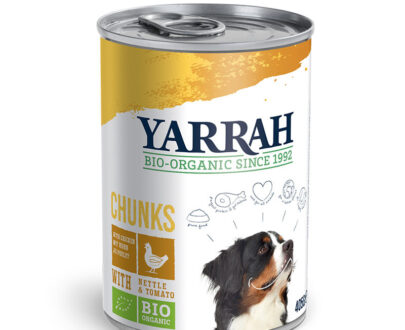 Trocitos para perros de pollo con ortiga y tomate bio lata 405g Yarrah