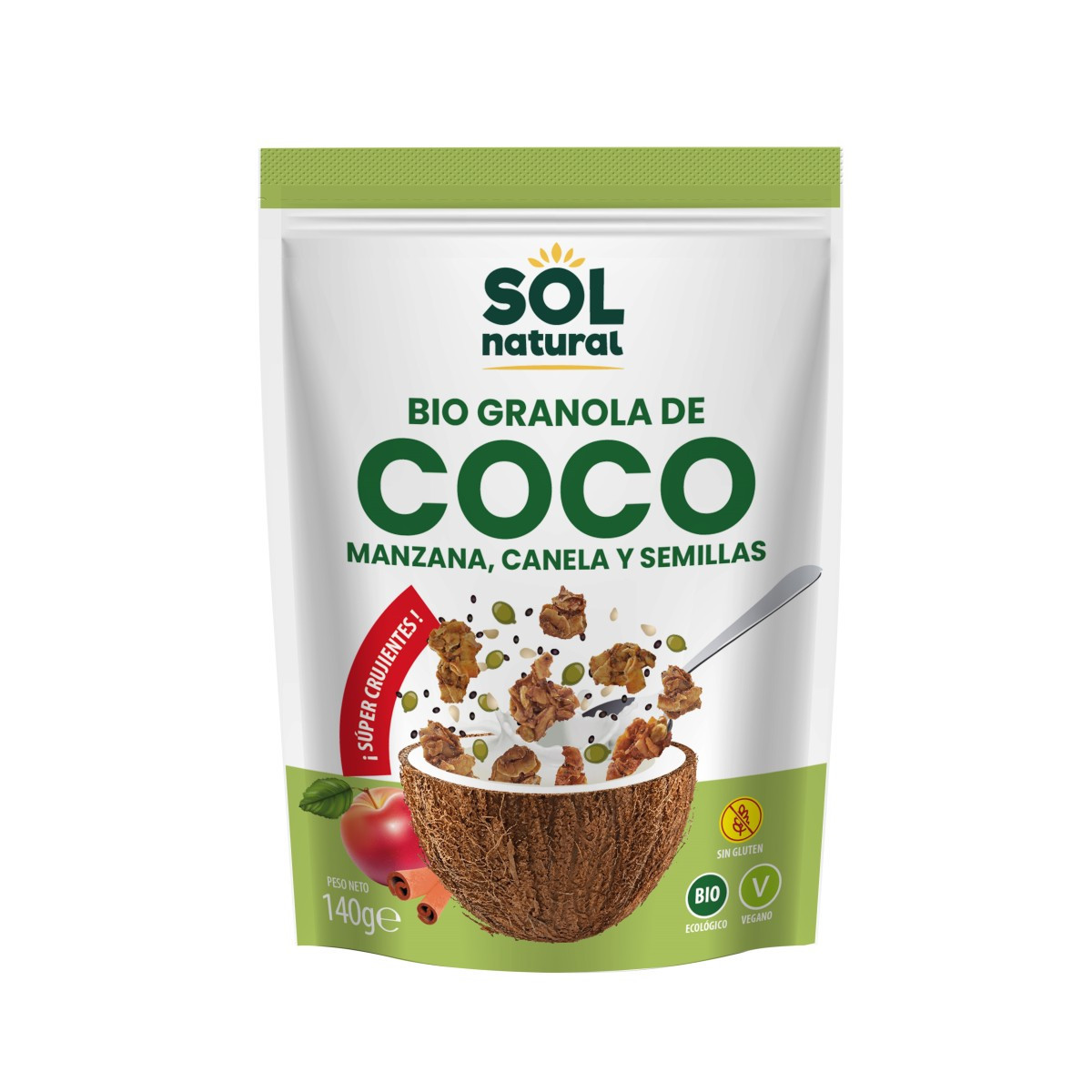 Granola crunchy de Coco con Manzana, Canela y Semillas Bio 140g Sol Natural
