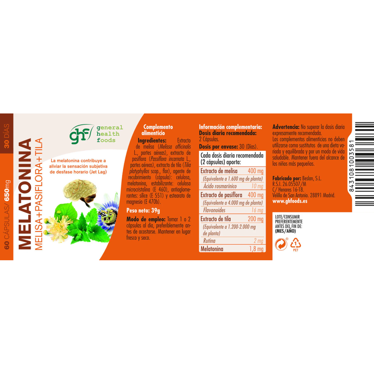 Melatonina Melisa+Pasiflora+Tila 650mg 60 caps GHF