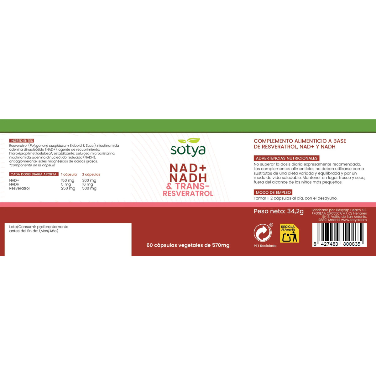 NAD + NADH & Trans-resveratrol 570mg 60caps Sotya