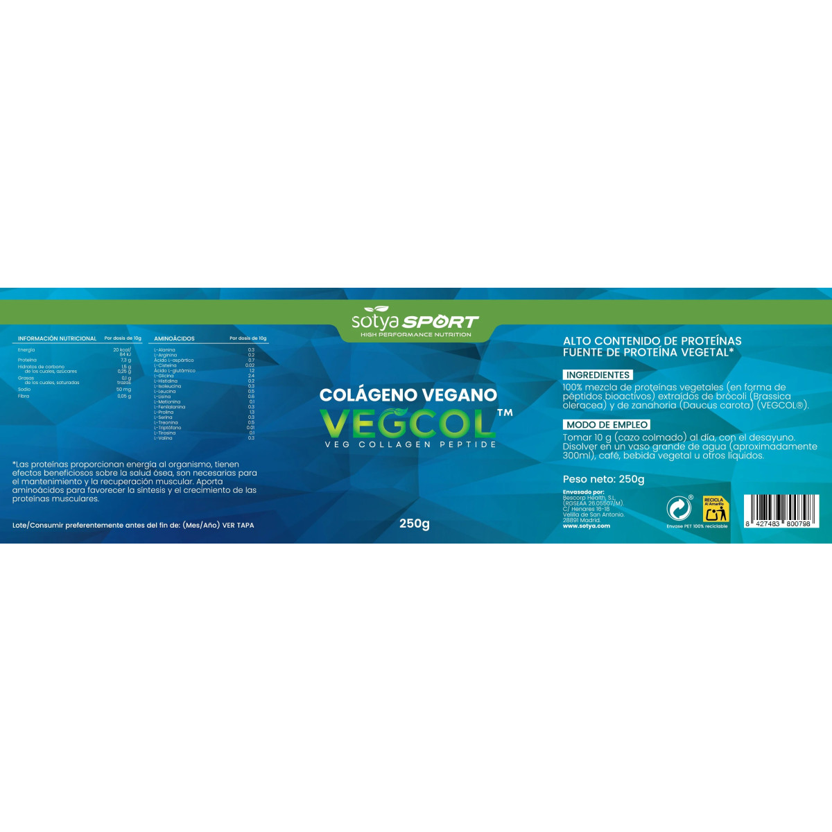 VEGCOL Colageno vegano 250g Sotya SPORT